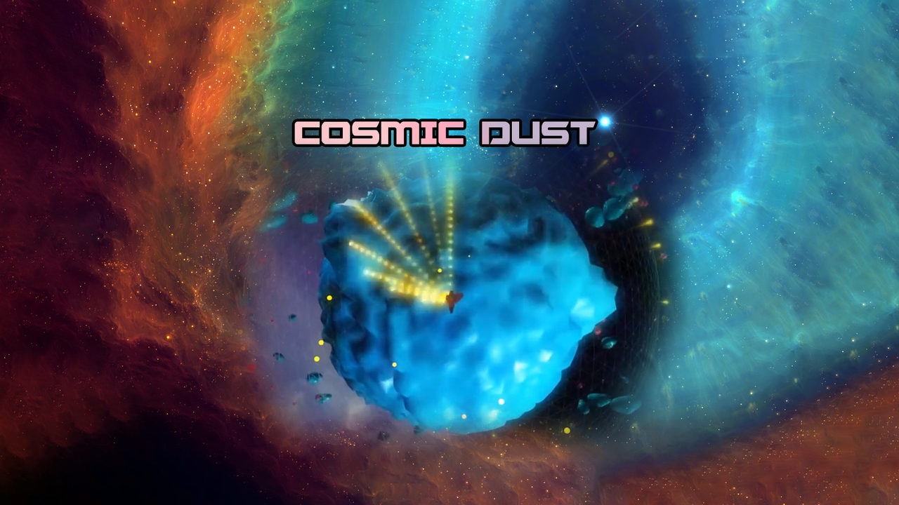 The Cosmic Dust logo, with a cosmic background and a ship on a small planet shooting