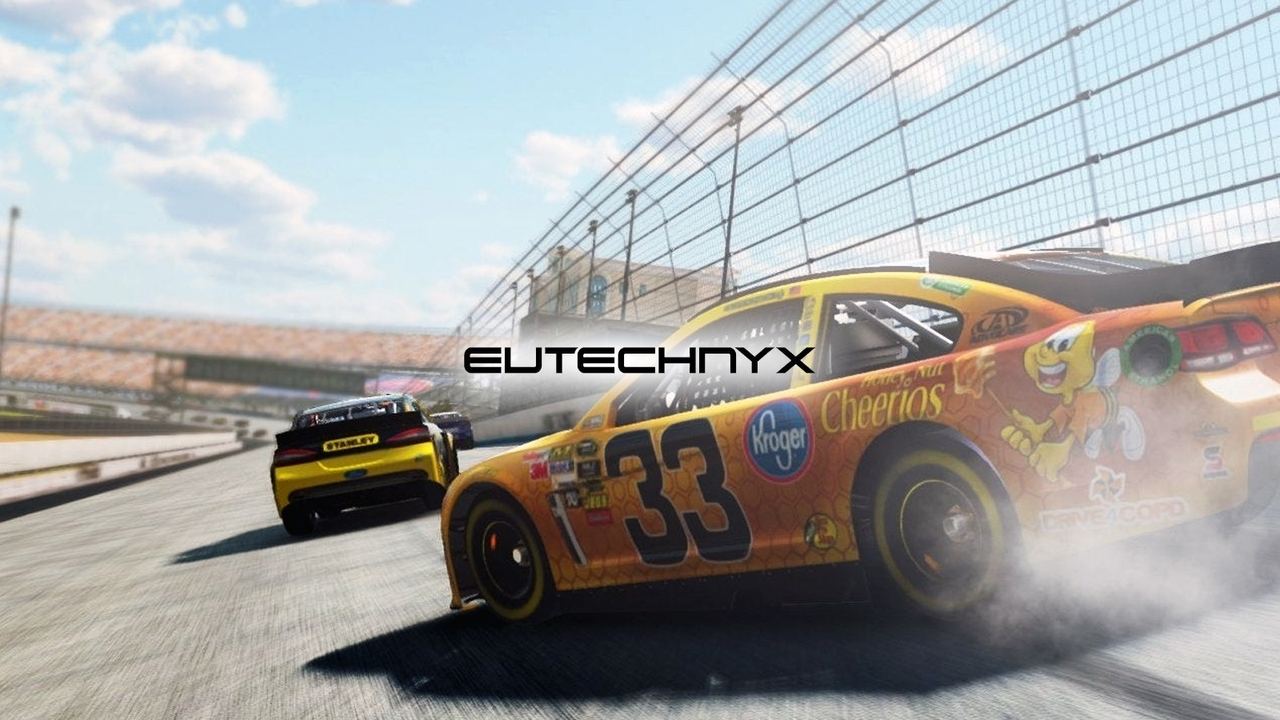 Eutechnyx logo with race cars on a track in the background from a Nascar game