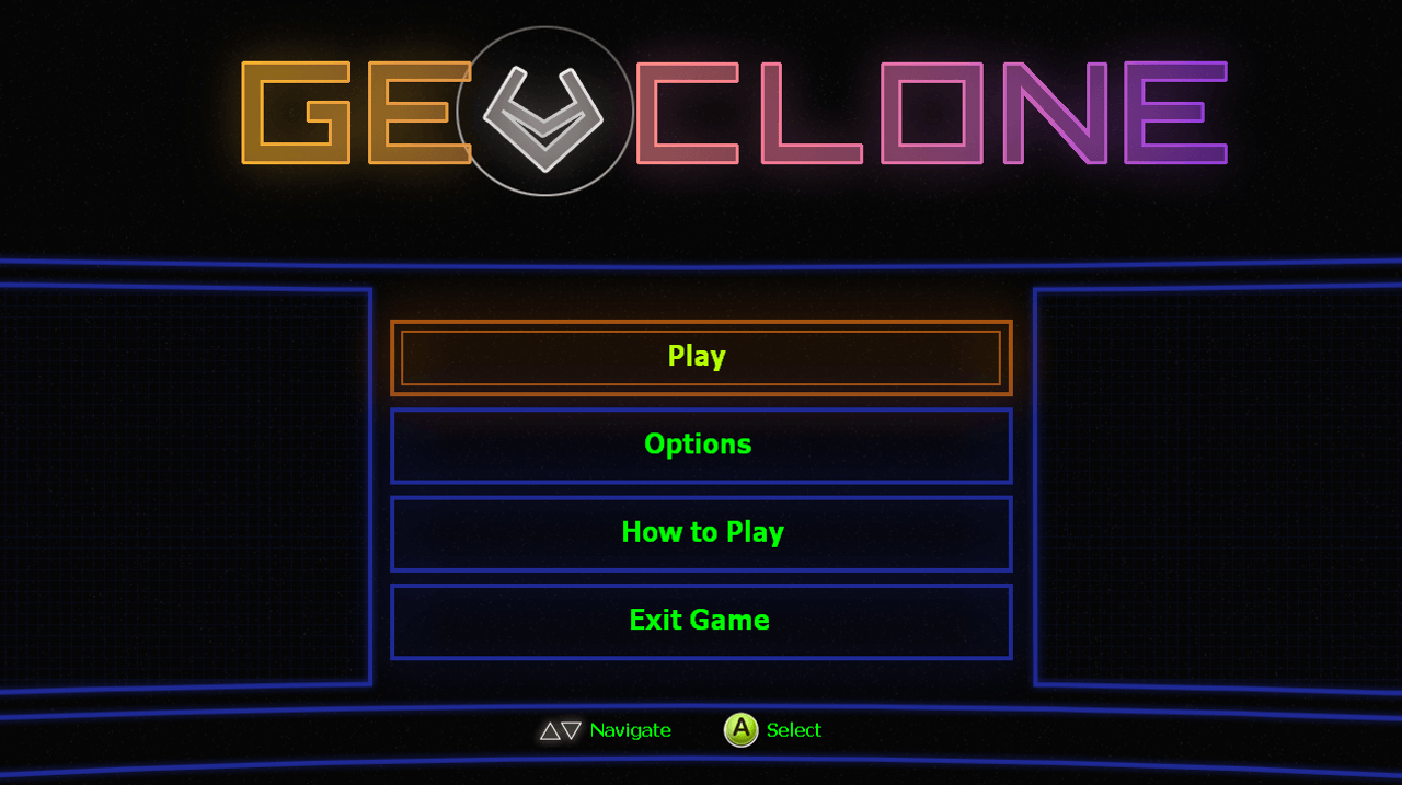 The GeoClone game menu, with Play, Options, How to Plat, Exit Game buttons