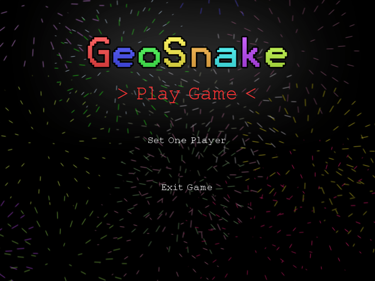 A screenshot from the GeoSnake game menu. Showing Play Game, Set One Player and Exit Game. With firework sin the background.