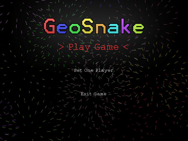 A screenshot from the GeoSnake game menu. Showing Play Game, Set One Player and Exit Game. With firework sin the background.