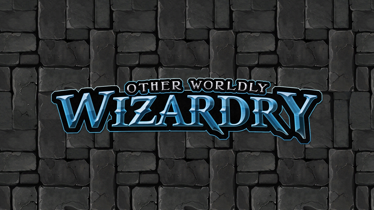 Other Worldly Wizardry logo, with a gray old cobblestone like background