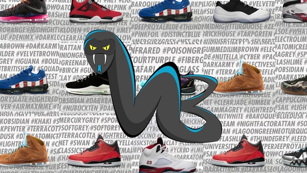 Snake in the form of letters VB, with pictures of shoes in the background and obfuscated text