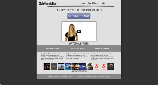 SubRevolution website screenshot. Showing "Get 100's of YouTube Subscribers, free!"