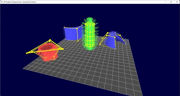 Various 3D shapes, with lines/meshes rendered on the screen. A debug like view.